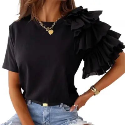 Women Elegant Ruffled Short Sleeves Round Neck Loose Summer Blouse
