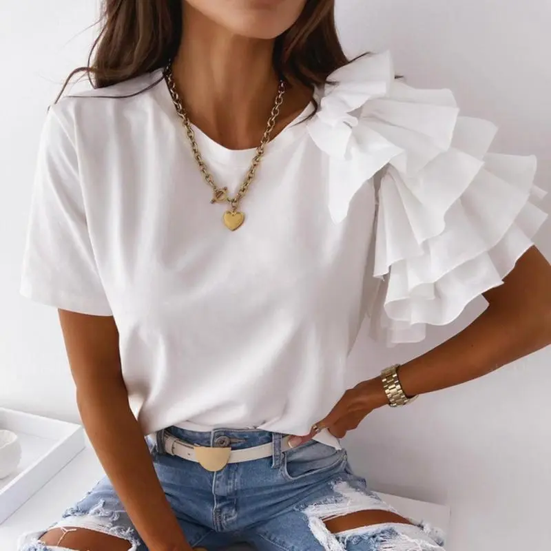 Women Elegant Ruffled Short Sleeves Round Neck Loose Summer Blouse