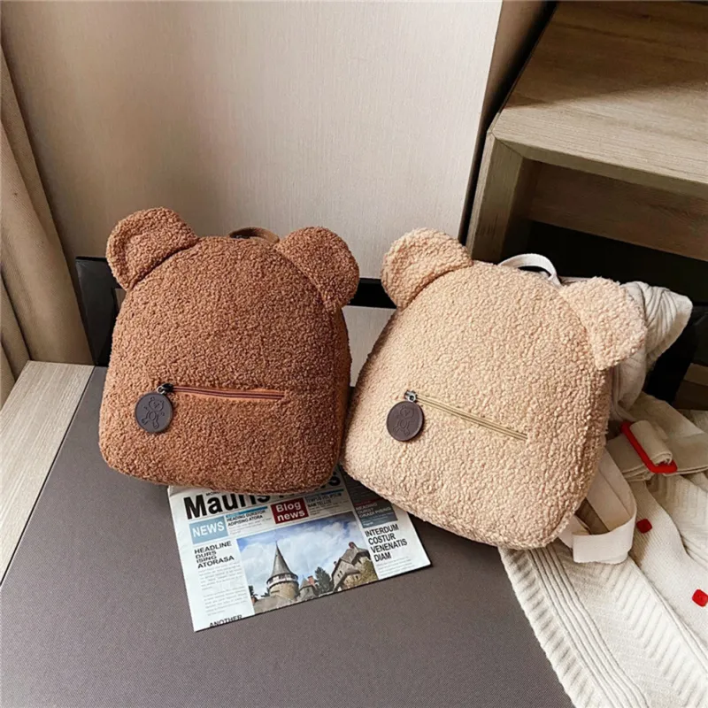 Women Cute Bear Shape Plush Backpack with Zipper