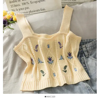 Women Summer Sweet Edgy Sleeveless Flower Embroidery Knitted Crop Top