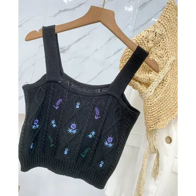 Women Summer Sweet Edgy Sleeveless Flower Embroidery Knitted Crop Top