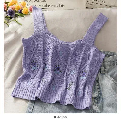 Women Summer Sweet Edgy Sleeveless Flower Embroidery Knitted Crop Top