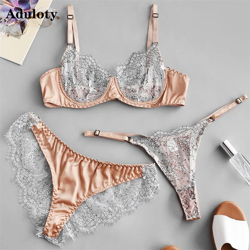 Women Sexy Lace Satin Patchwork See-Through Bra And Panty Set