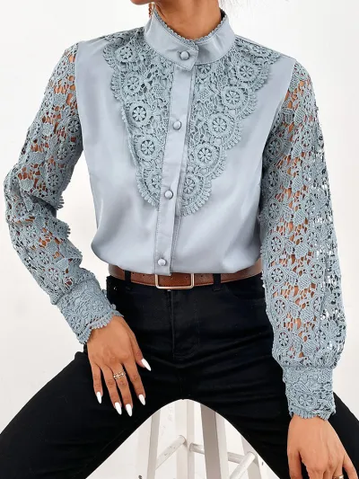 Elegant Women Work Vintage Lace Patchwork Solid Color Long Sleeve Single-breasted Blouse