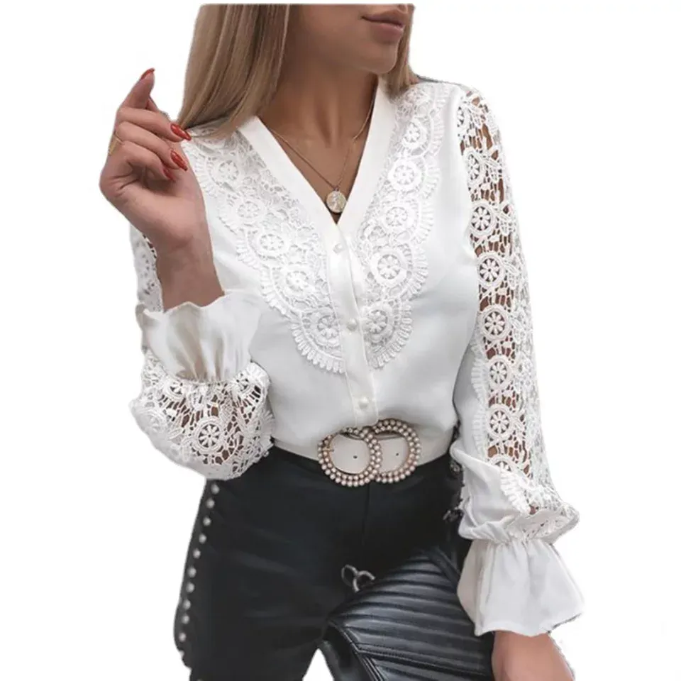 Wholesale Elegant Women Work Vintage Lace Patchwork Solid
