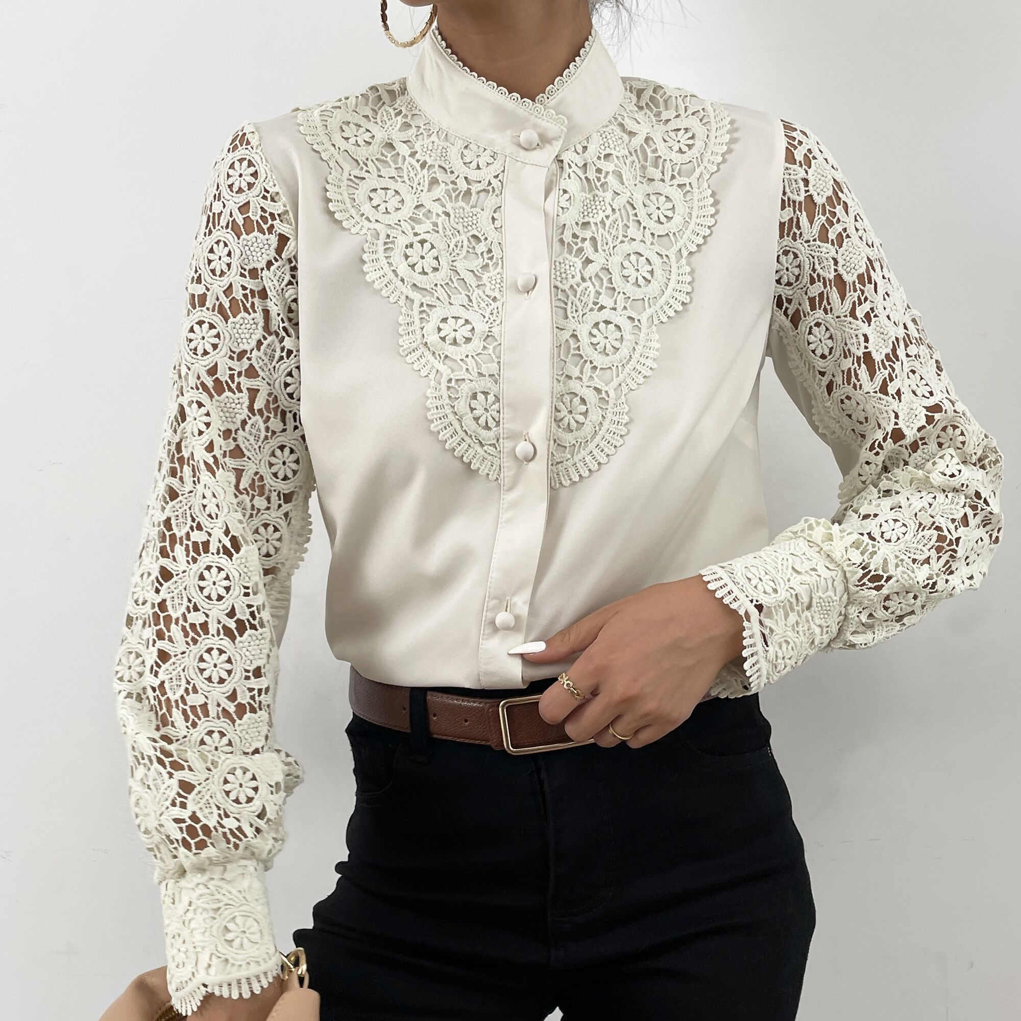 【Eaphi】cotton lace patchwork blouse Sexy White Lace Patchwork Shirt Blouse Women Fashion Long