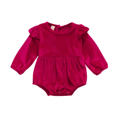 Girls Basic Solid Color Round Neck Long Sleeve Velvet Romper for Baby Girls 0-3T