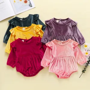 Girls Basic Solid Color Round Neck Long Sleeve Velvet Romper for Baby Girls 0-3T