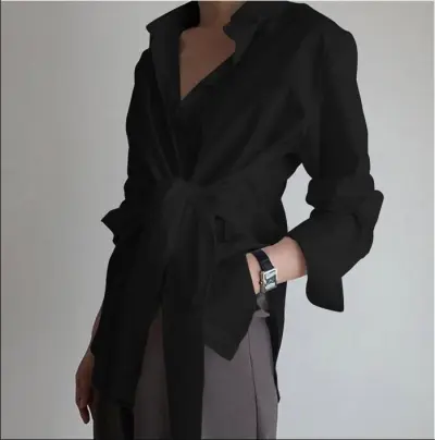 Women Elegant Work Long Sleeves Single-breasted Lapel Bandage Solid Color Blouse