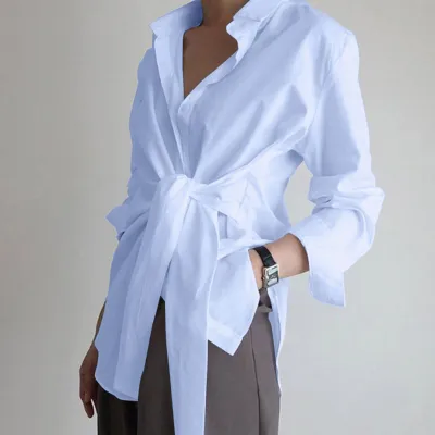 Women Elegant Work Long Sleeves Single-breasted Lapel Bandage Solid Color Blouse