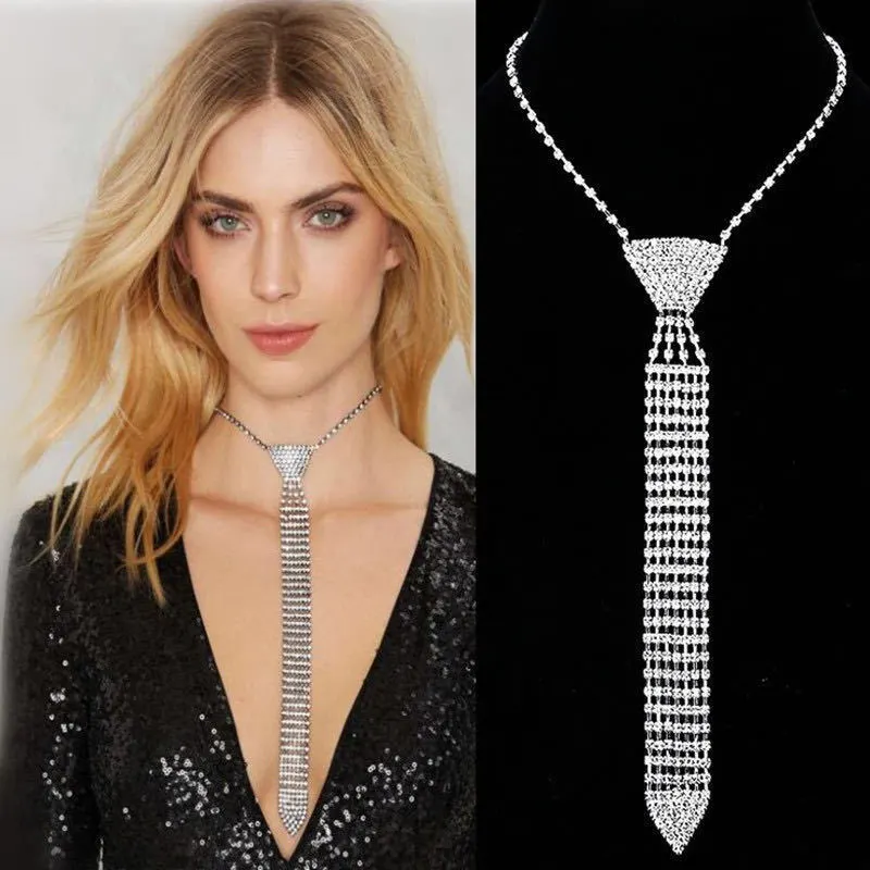 Women Elegant Rhinestone Long Tie Necklace