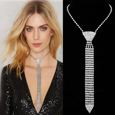 Women Elegant Rhinestone Long Tie Necklace