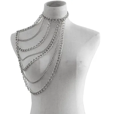 Women Punk Alloy Multilayer Chain Necklace Retro Vintage Round Gold Silver