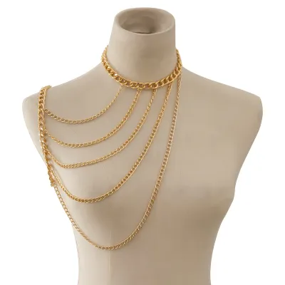 Women Punk Alloy Multilayer Chain Necklace Retro Vintage Round Gold Silver