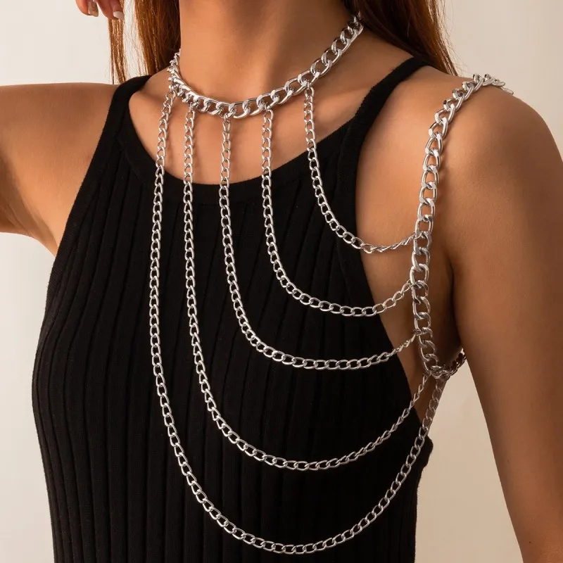 Women Punk Alloy Multilayer Chain Necklace Retro Vintage Round Gold Silver