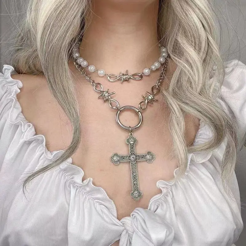 Women Vintage Gothic Cross Pendant Imitation Pearl Multilayer Necklace