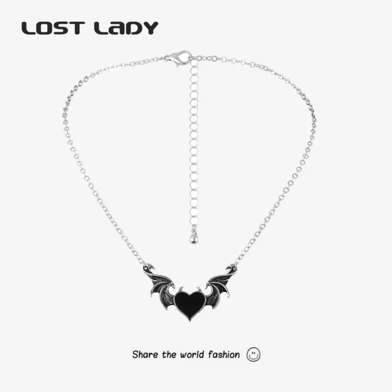 Women Gothic Devil Wings Heart Pendant Alloy Necklace