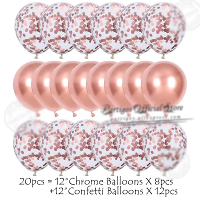 20Pcs 12Inch Rose Gold Metal Chrome Latex Balloons Mix Confetti Globos Helium Birthday Party Decorations