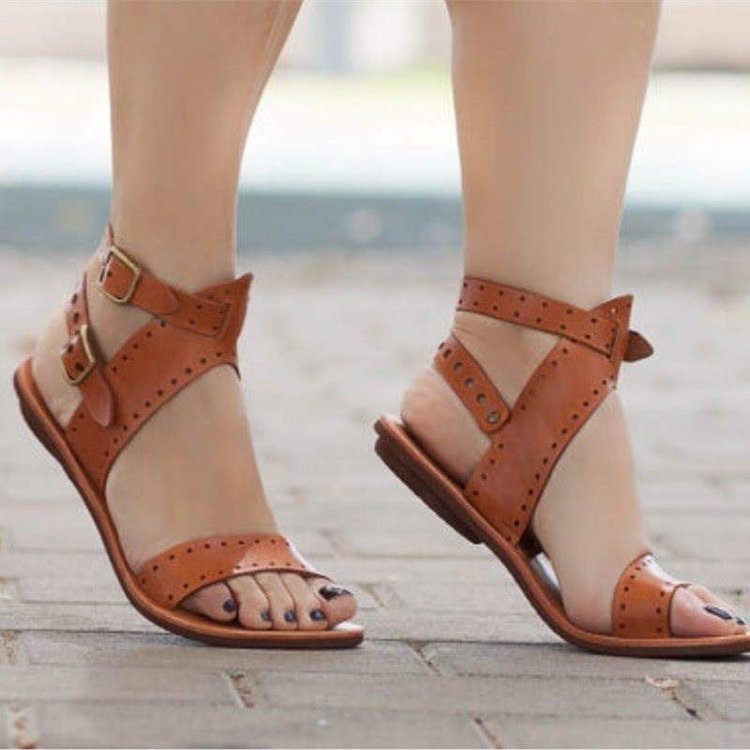 Wholesale Women Casual Round Open Toe Double Buckle Design Flat