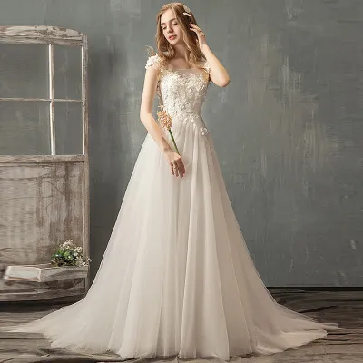 Women Elegant Lace Mesh See-through Flower Solid Color Sweep Length Wedding Evening Dress