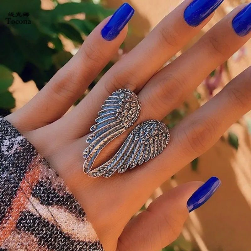 Women Vintage Punk Wings Design Stainless Steel Metal Ring
