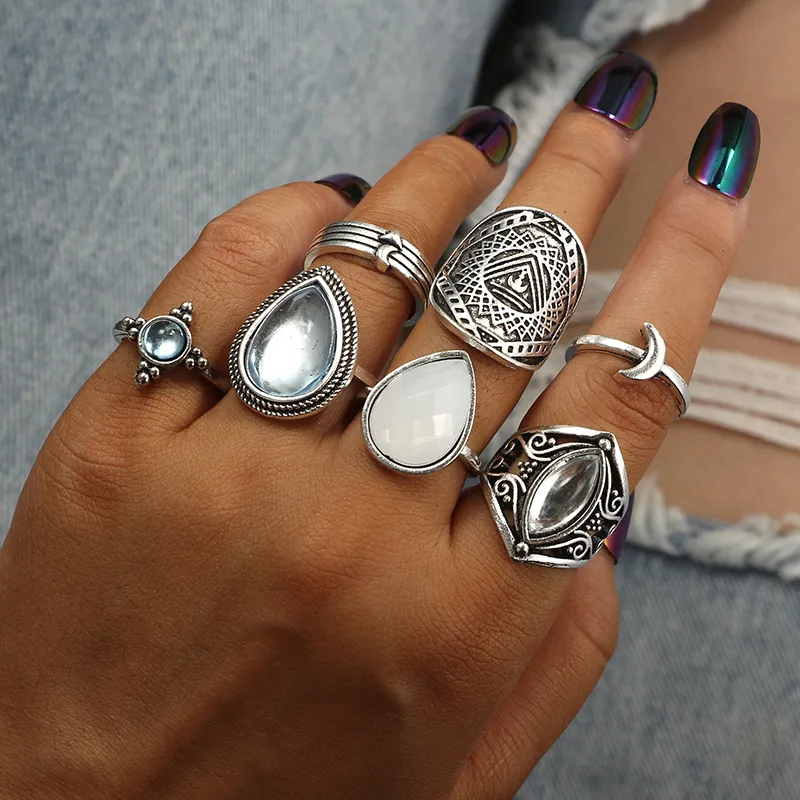 Women Antique Drop Shaped Opal Metal Midi Wedding Ring Set