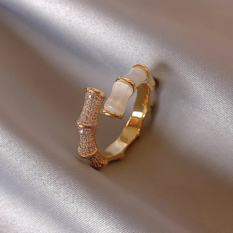 Women Exquisite Zircon Bamboo Shaped Adjustable Copper Classic Ring