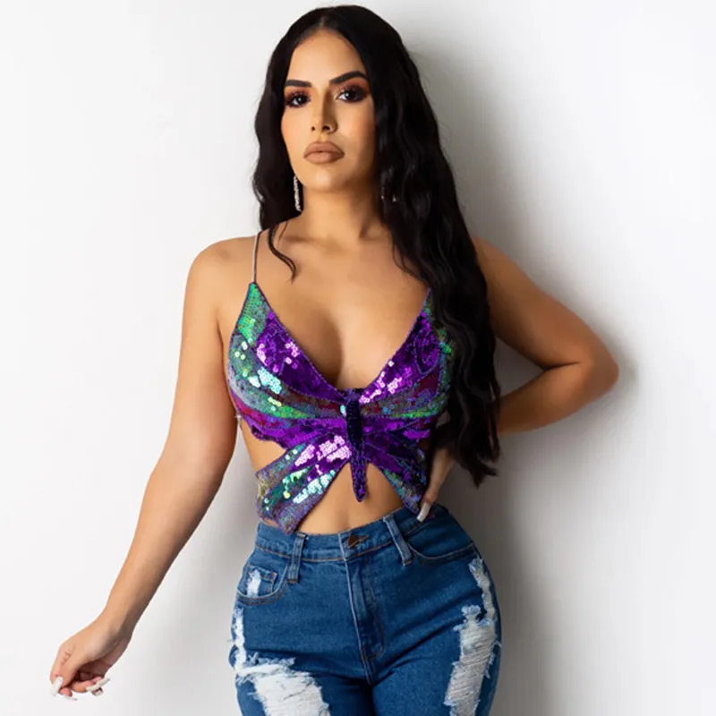 Women Sexy Night Out Butterfly Sequins Irregular Crop Tank Top