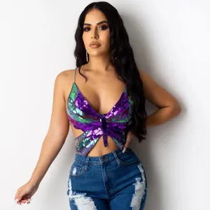 Women Sexy Night Out Butterfly Sequins Irregular Crop Tank Top