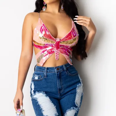 Women Sexy Night Out Butterfly Sequins Irregular Crop Tank Top