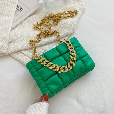 Women Creative Thick Chain Design Solid Color Plaid PU Shoulder Crossbody Bag