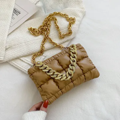 Women Creative Thick Chain Design Solid Color Plaid PU Shoulder Crossbody Bag