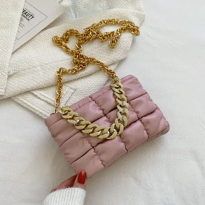 Women Creative Thick Chain Design Solid Color Plaid PU Shoulder Crossbody Bag