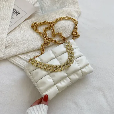 Women Creative Thick Chain Design Solid Color Plaid PU Shoulder Crossbody Bag