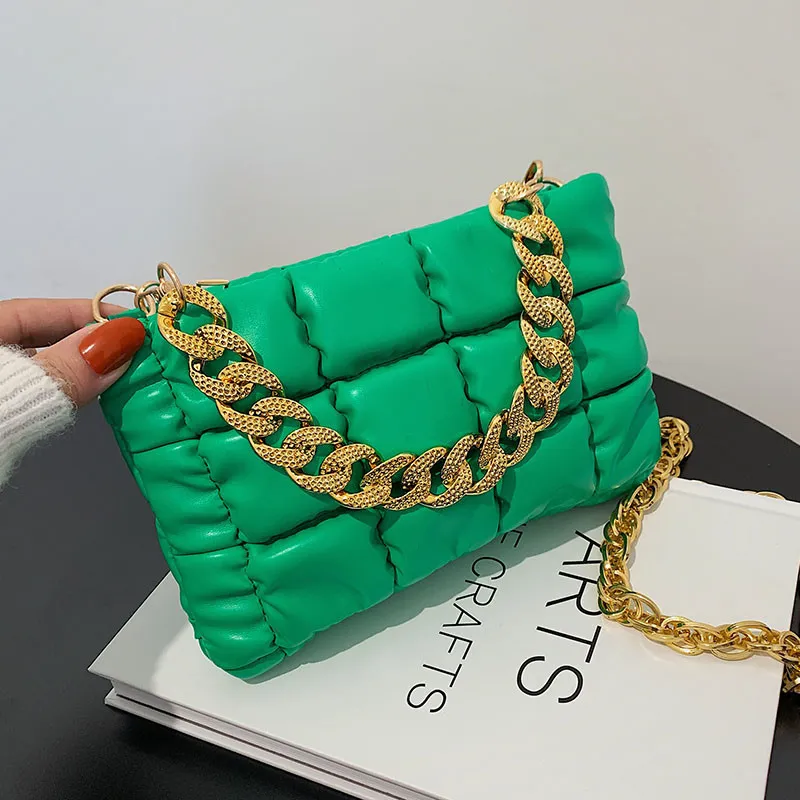 Women Creative Thick Chain Design Solid Color Plaid PU Shoulder Crossbody Bag