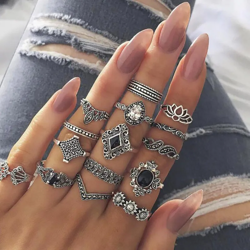 Women Vintage Bohemia Gemstone Decoration Metal Midi Ring Set
