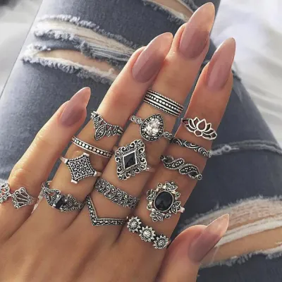 Women Vintage Bohemia Gemstone Decoration Metal Midi Ring Set