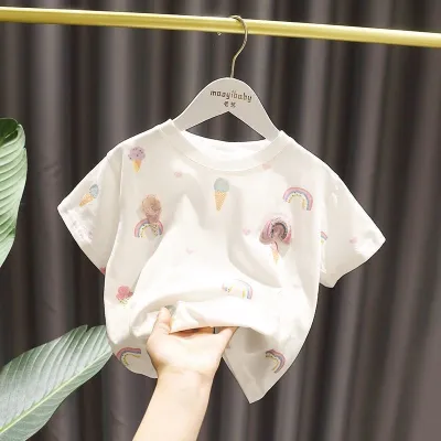 Kids Baby Girls Cute Flower Decor Round Neck Short Sleeve Ruffled Cotton T-shirt