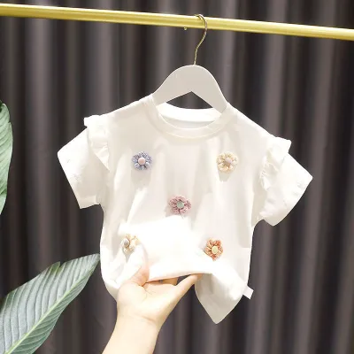 Kids Baby Girls Cute Flower Decor Round Neck Short Sleeve Ruffled Cotton T-shirt