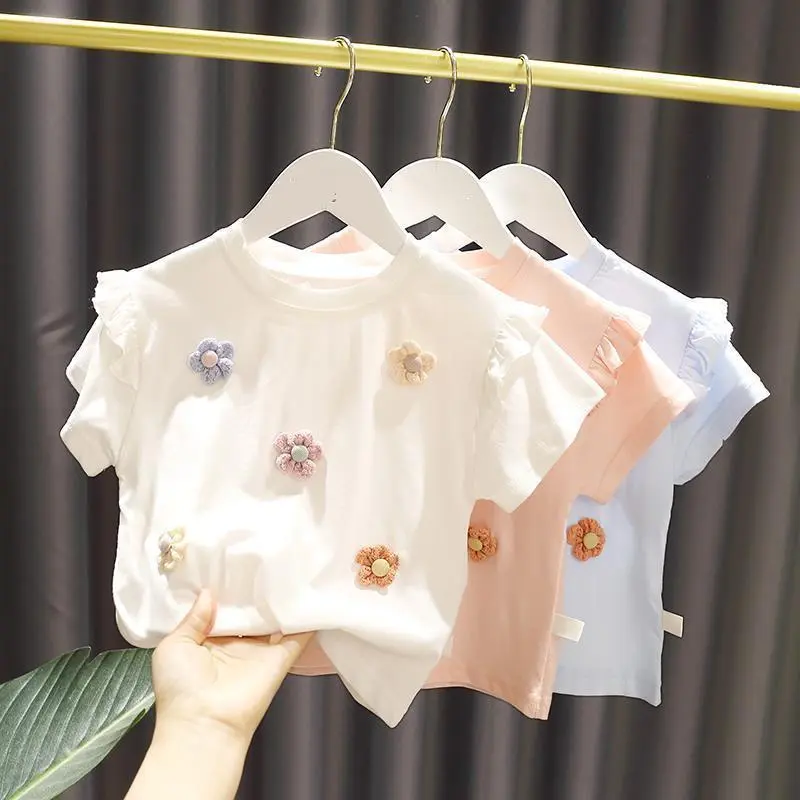 Kids Baby Girls Cute Flower Decor Round Neck Short Sleeve Ruffled Cotton T-shirt