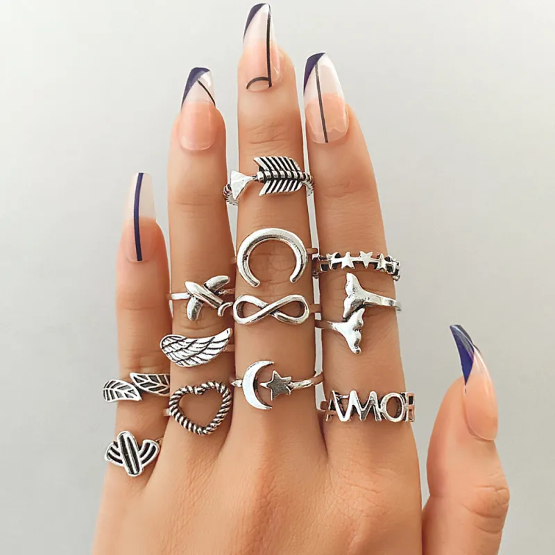 Women Punk Gothic Geometric Heart And Feather Metal Midi Ring Set