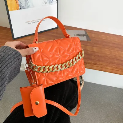 Women 2 In 1 Basic Thick Chain Design Solid Color PU Shoulder Bag
