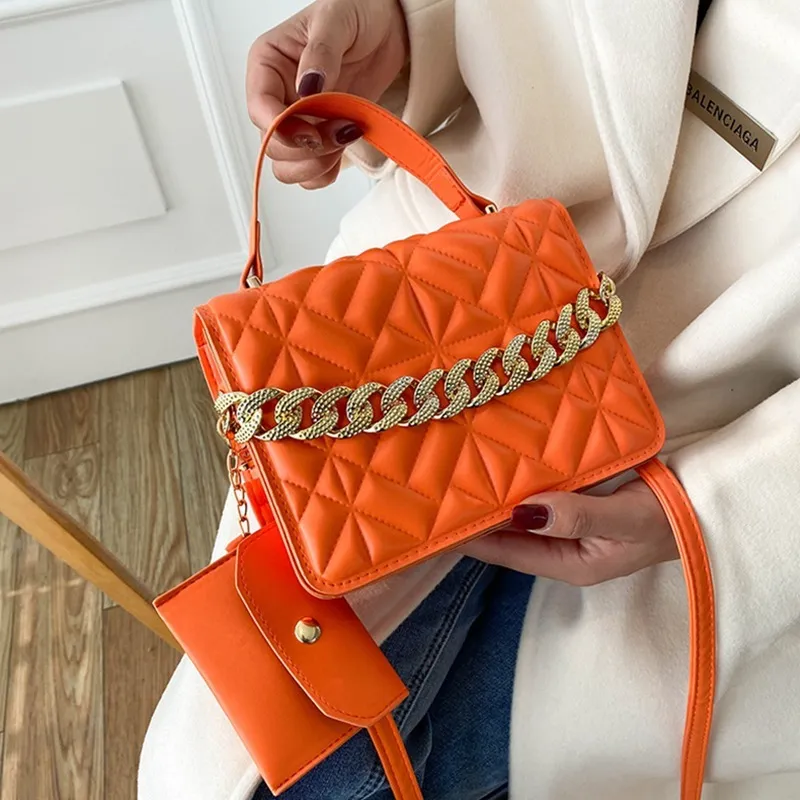 Women 2 In 1 Basic Thick Chain Design Solid Color PU Shoulder Bag