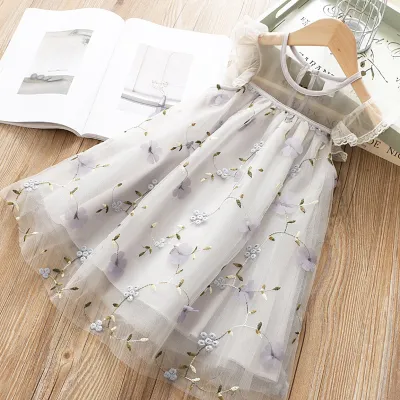 Kids Baby Girls Sweet Round Neck Flying-sleeve Lace Floral Embroidery Princess Dress Cotton Mesh Summer Mini