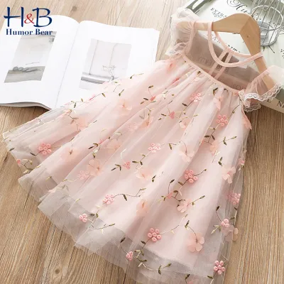 Kids Baby Girls Sweet Round Neck Flying-sleeve Lace Floral Embroidery Princess Dress Cotton Mesh Summer Mini