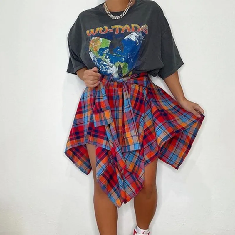 Women Edgy Night Out Fashion Irregular Plaid Color Blocking Skirt