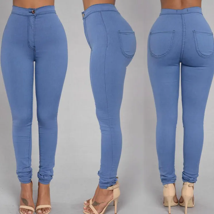 Women Plus Size High Waist Stretch Denim Skinny Jeans Solid Color