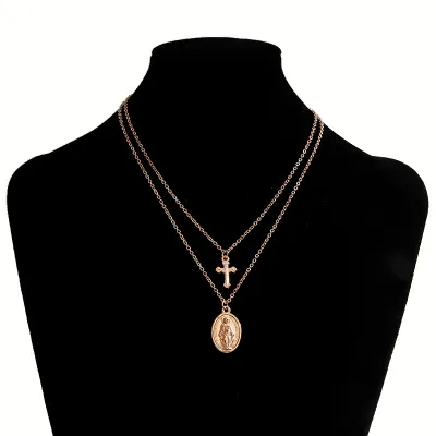 Women Vintage Cross Portrait Coin Pendant Alloy Multilayer Necklace