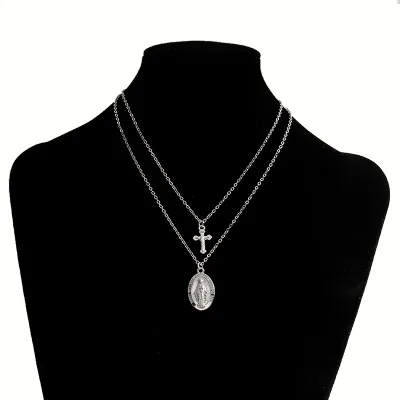 Women Vintage Cross Portrait Coin Pendant Alloy Multilayer Necklace