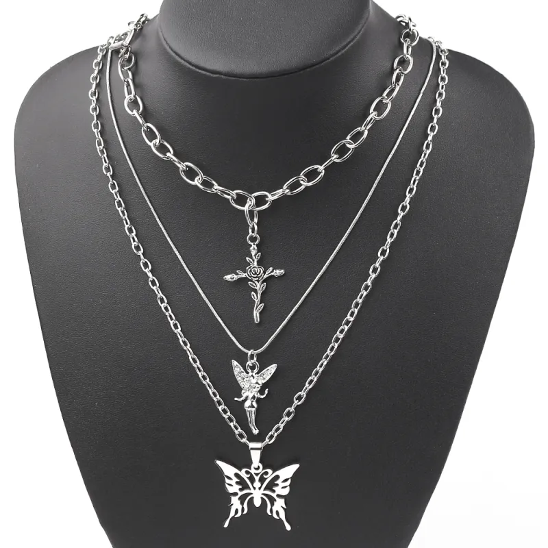 Women Punk Butterfly Angel Cross Pendant Multilayer Necklace Trendy